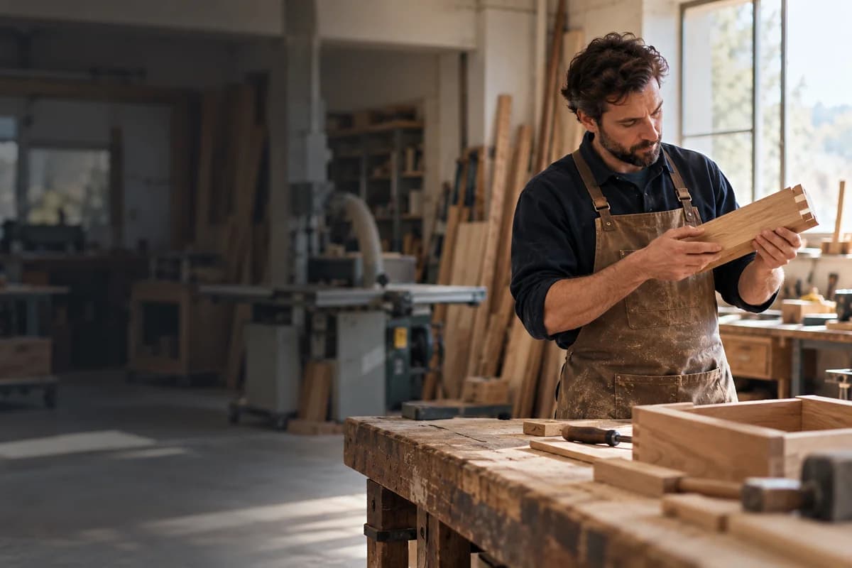 Un menuisier examine une pièce de bois sur l’établi de son atelier.