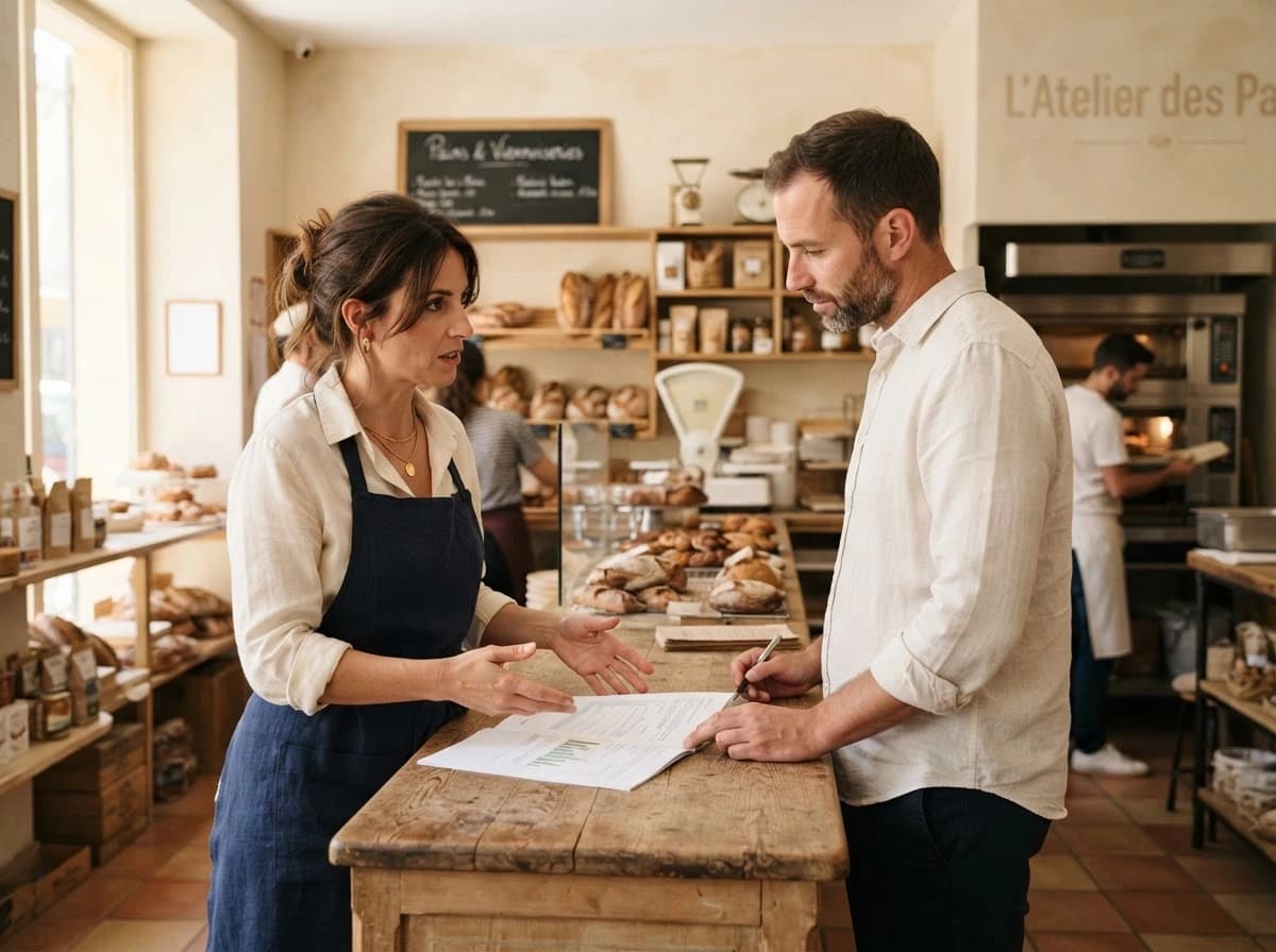 Une boulangère et un conseiller échangent autour de documents dans une boulangerie.