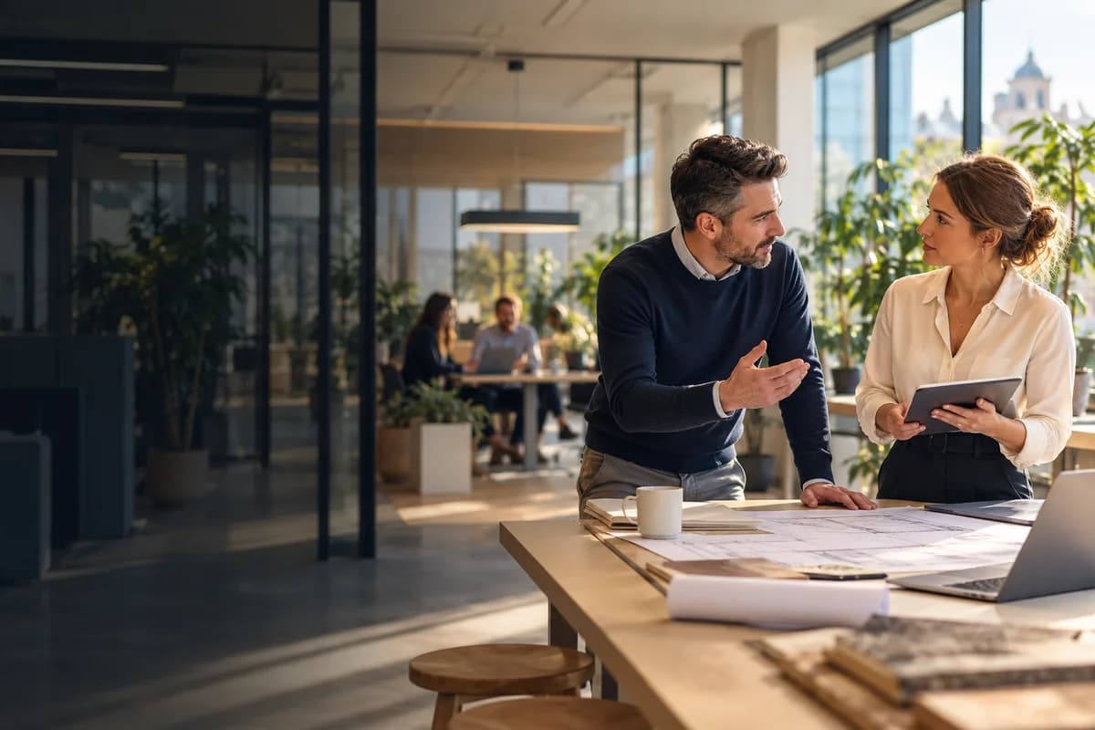 Deux professionnels échangent dans des bureaux lumineux avec espaces de travail et salles de réunion.