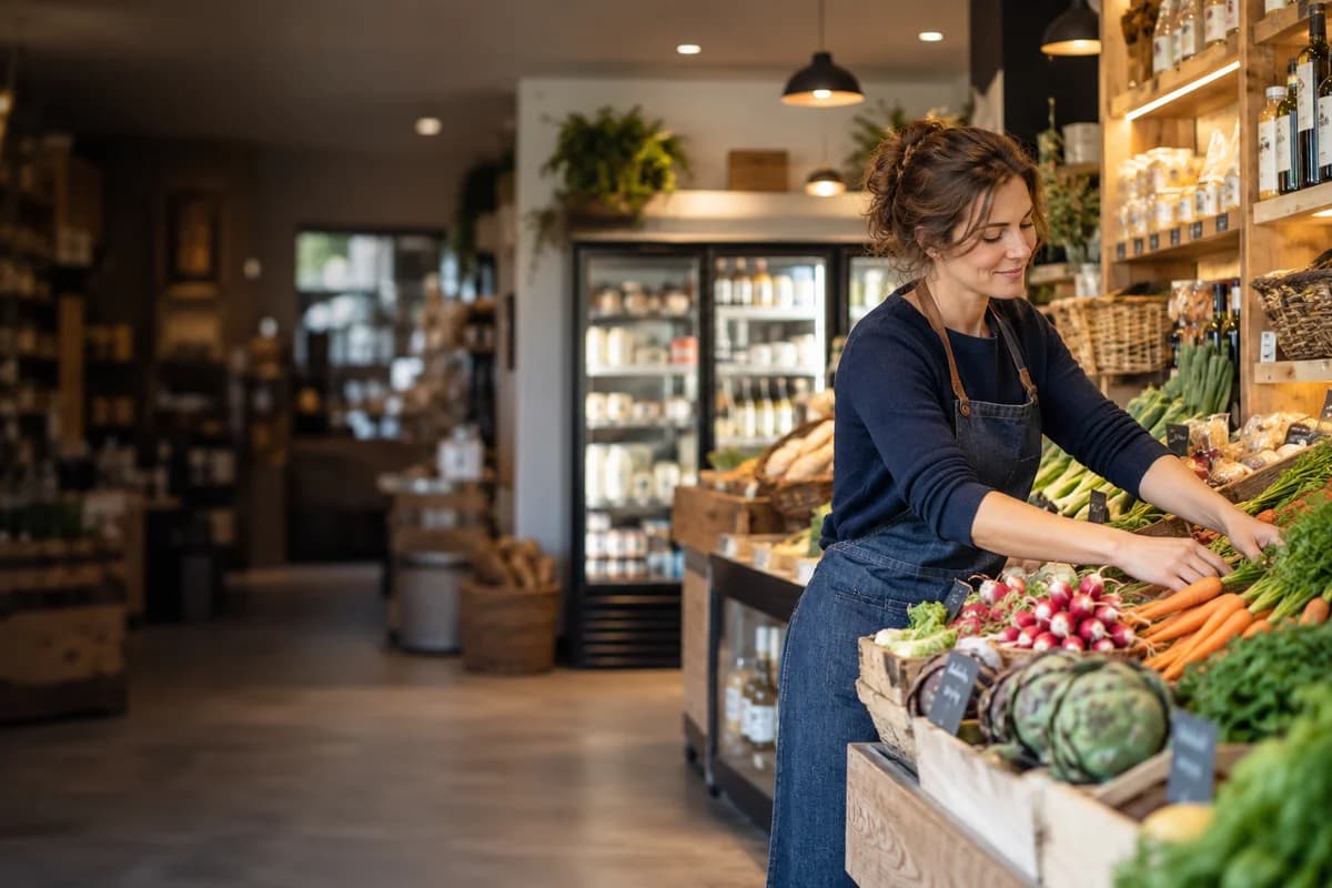 Une commerçante dispose des produits dans une épicerie équipée de vitrines réfrigérées.