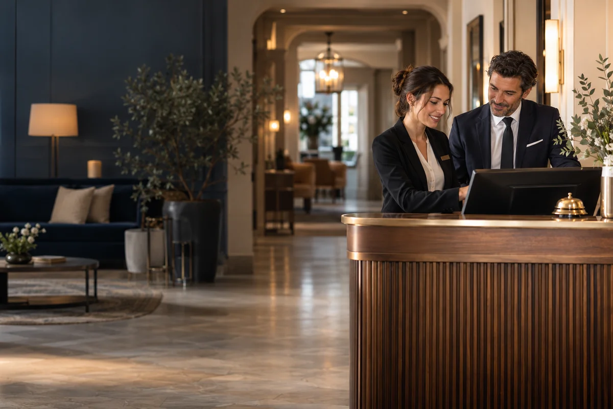 Deux professionnels échangent à la réception d’un hôtel indépendant aux matériaux chaleureux.