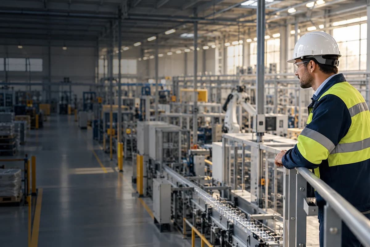 Un responsable industriel équipé d’un casque observe une ligne de production depuis une passerelle sécurisée.