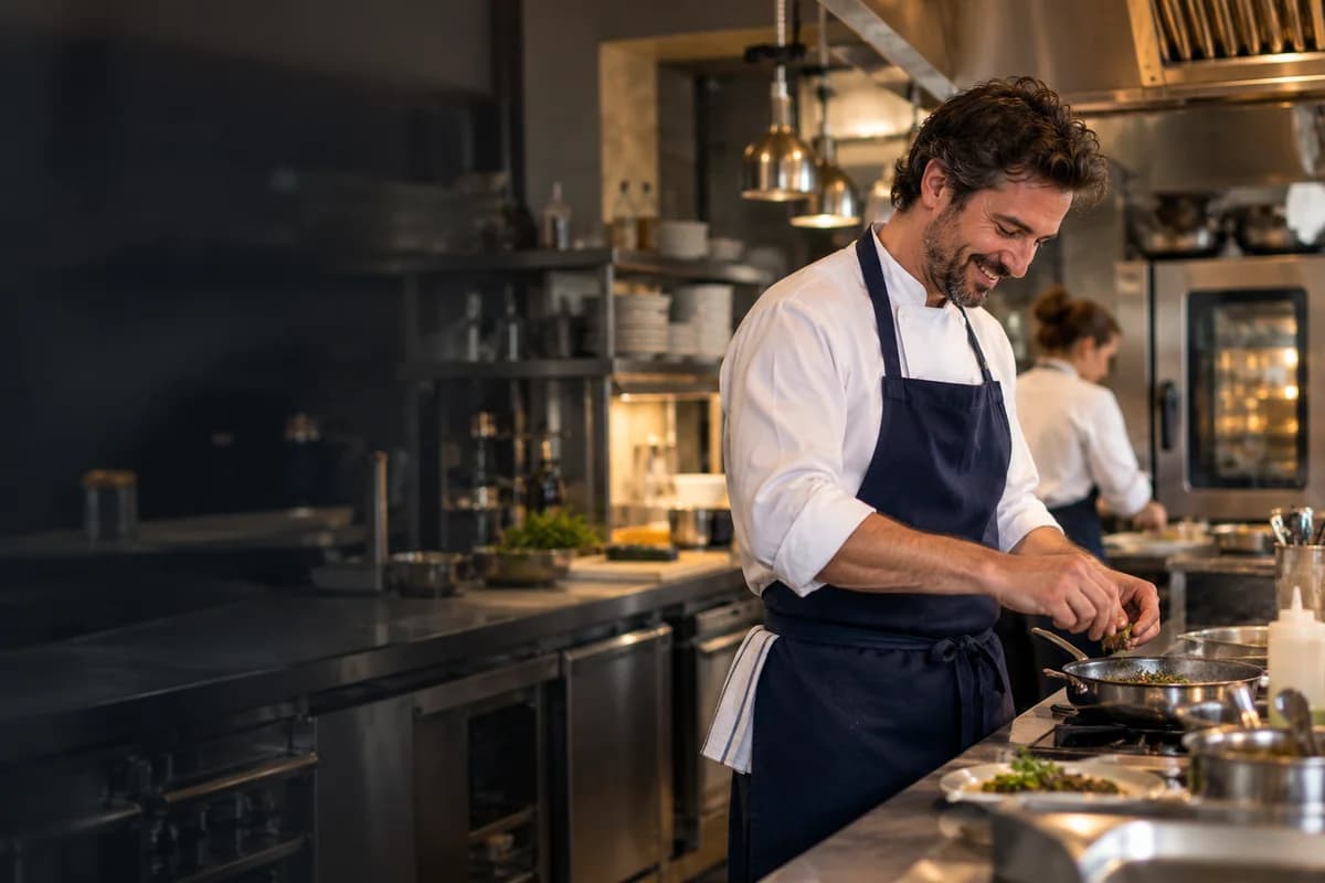 Un chef prépare le service dans une cuisine professionnelle équipée de fours et de hottes.