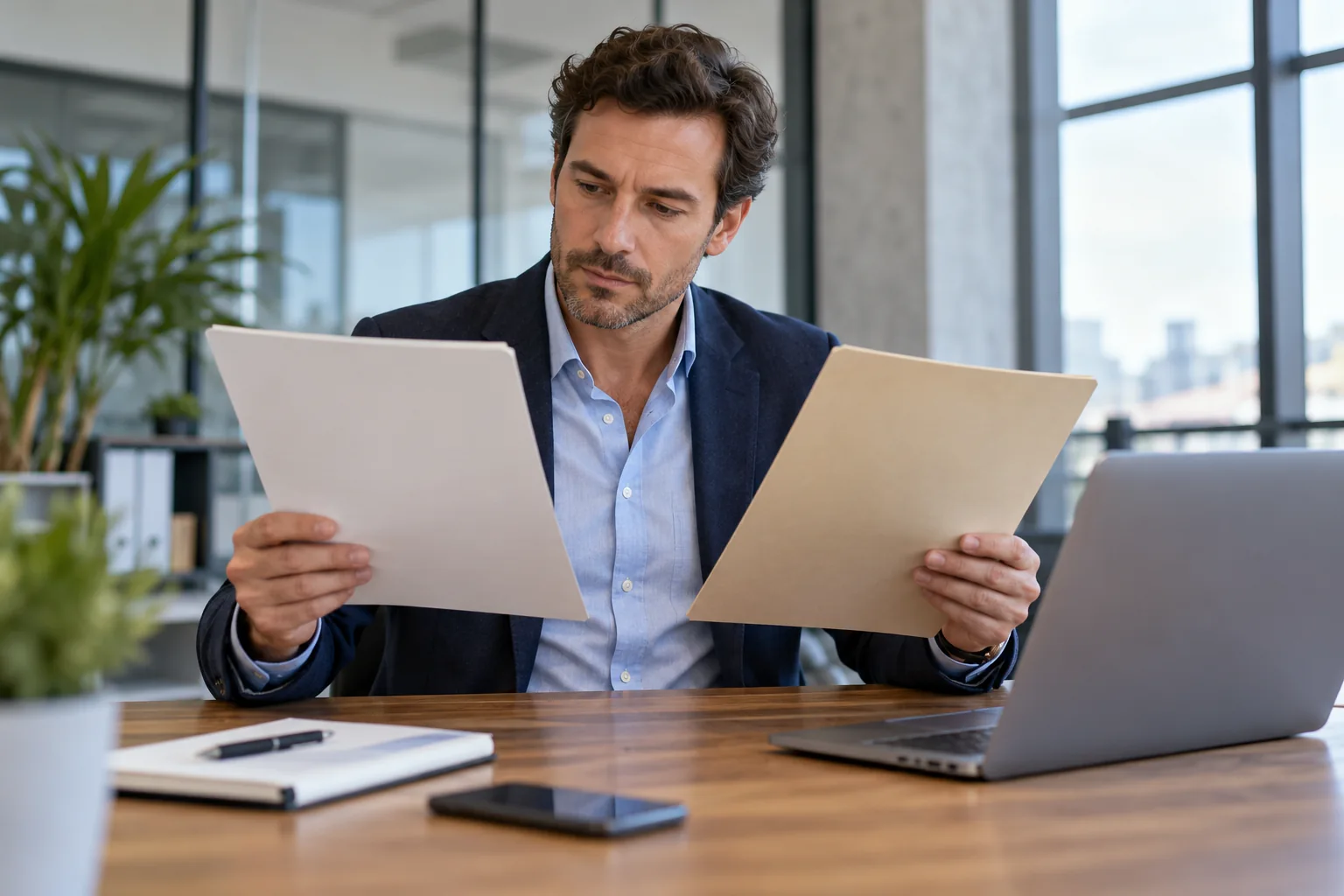Dirigeant comparant deux dossiers de contrat d’électricité dans son bureau.