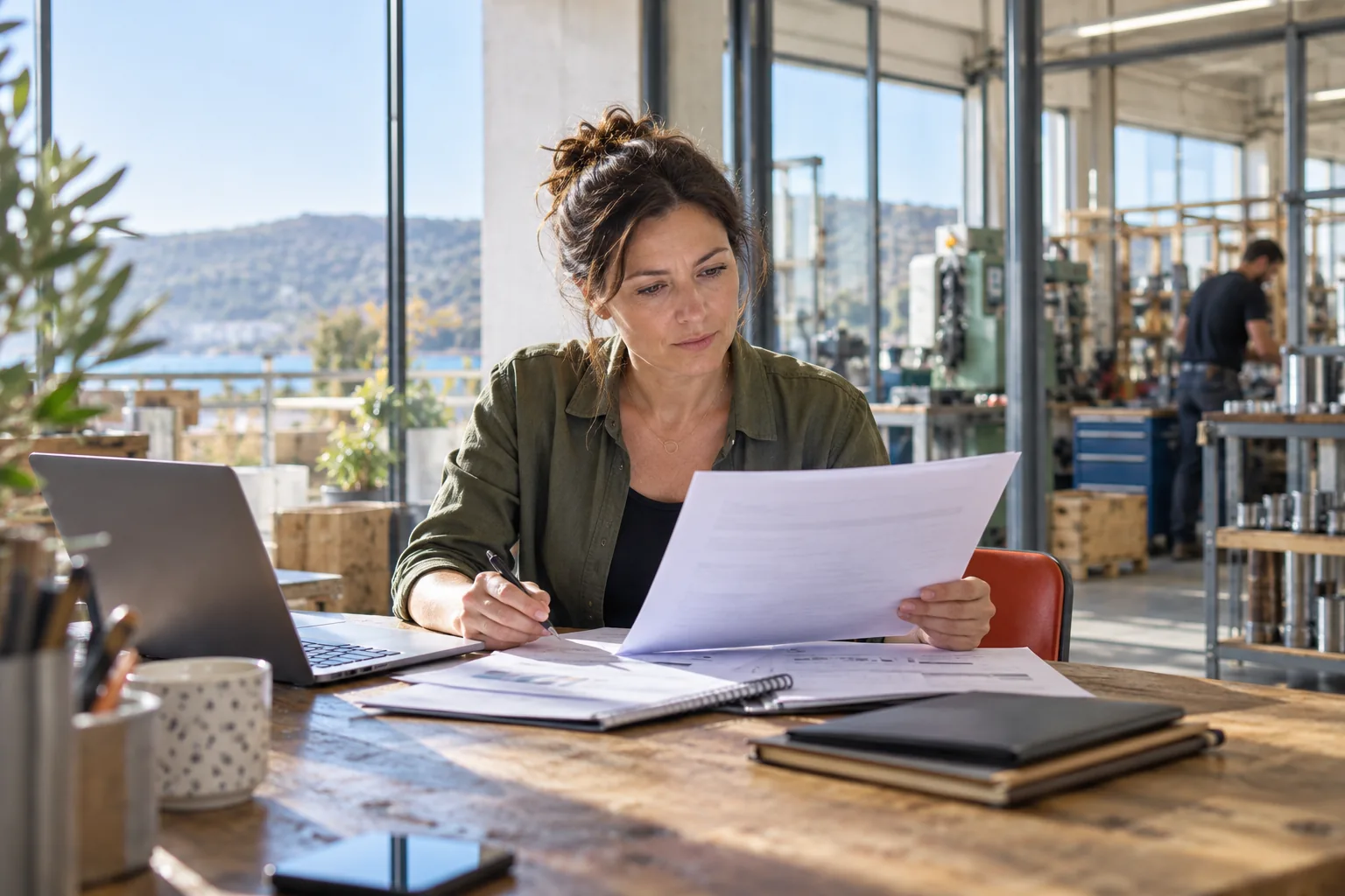 Dirigeante examinant un contrat d’électricité dans le bureau de son atelier.