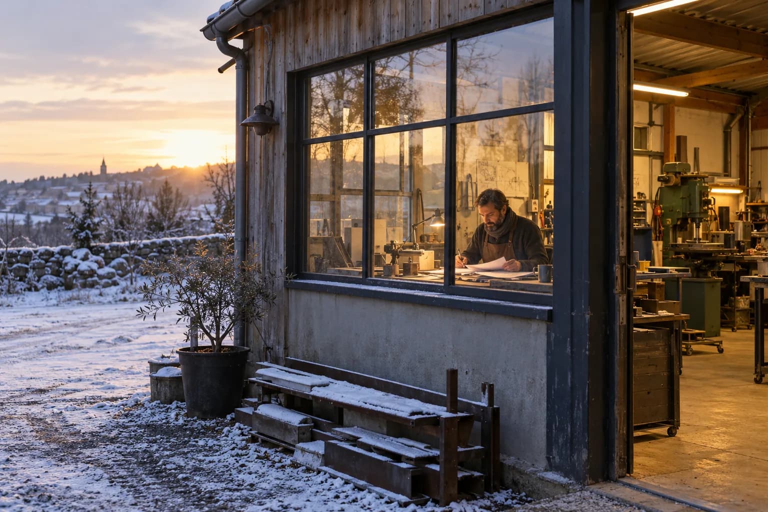 Atelier artisanal éclairé un matin d’hiver pendant la préparation des horaires de production.