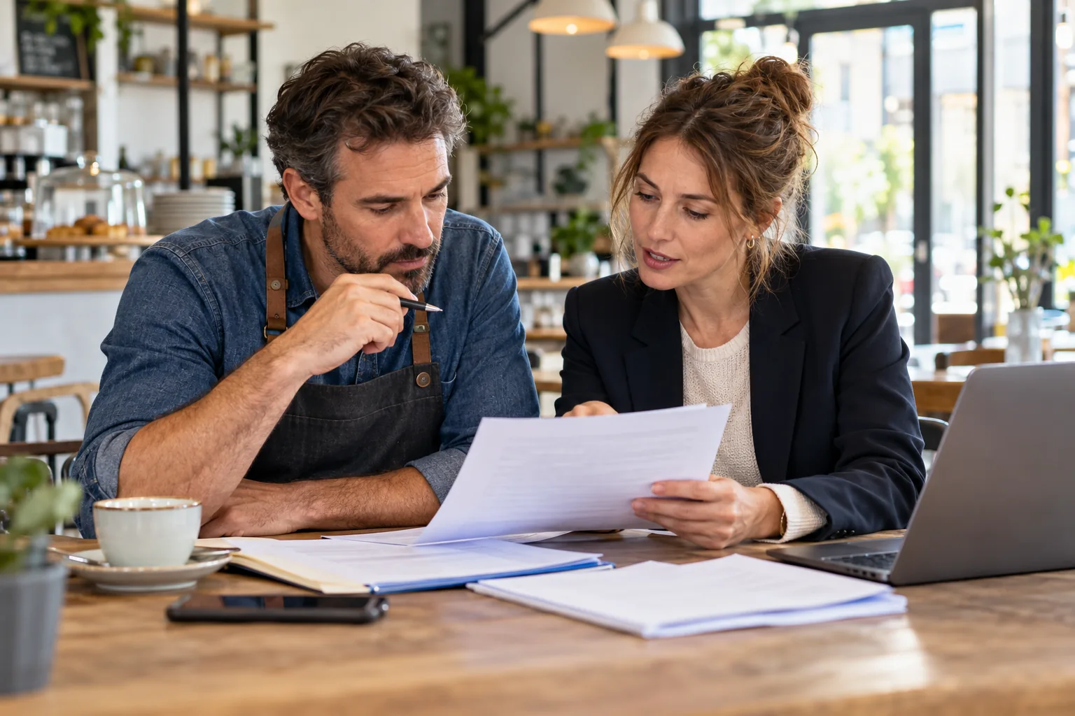 Deux responsables de commerce examinant ensemble des documents de fourniture d’énergie.