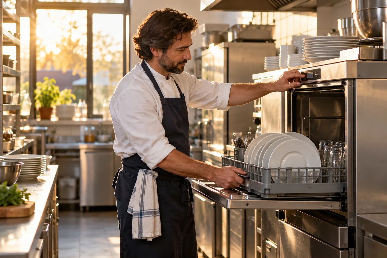Professionnel de la restauration programmant un cycle de lavage en cuisine en fin d’après-midi.