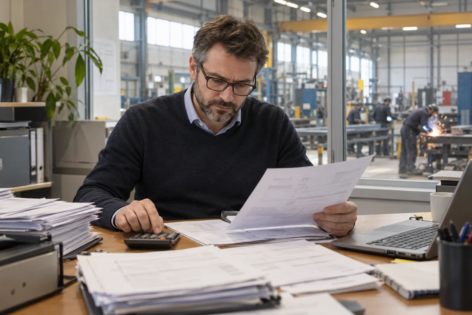 Responsable financier contrôlant des factures d’électricité devant un atelier industriel.