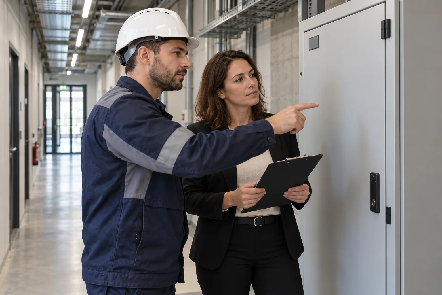 Technicien et responsable d’entreprise examinant une armoire électrique fermée.