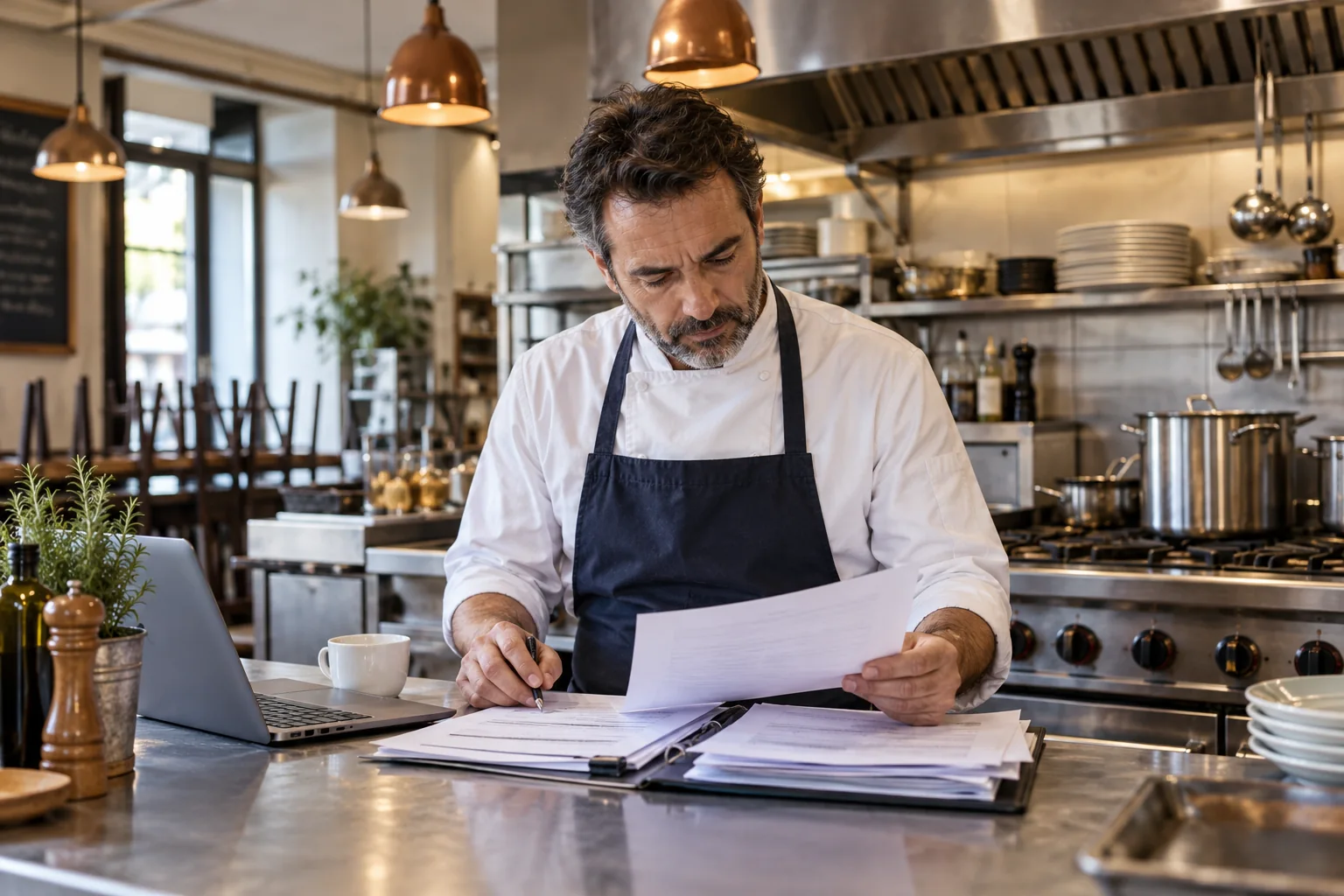 Chef d’un restaurant examinant ses documents énergie devant une cuisine professionnelle au gaz.