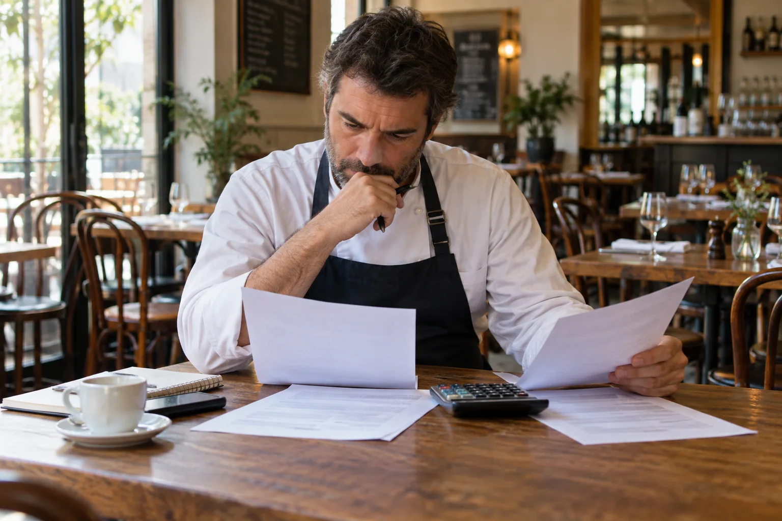Restaurateur comparant deux propositions d’électricité avec une calculatrice avant le service.