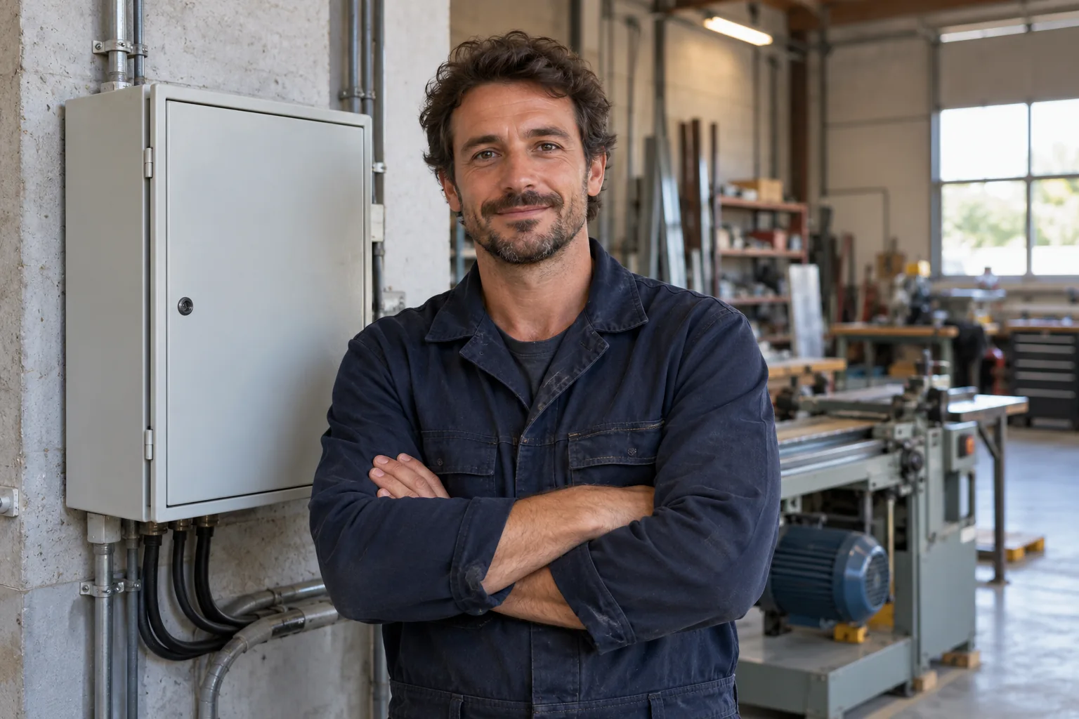 Artisan à côté du coffret électrique fermé de son atelier de production.