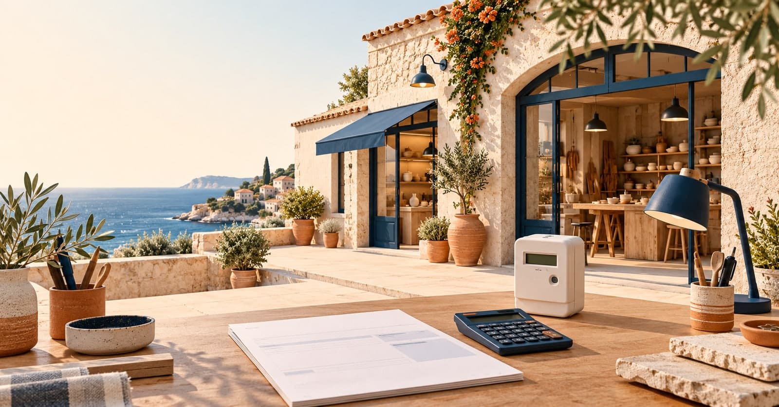 Illustration originale d’un atelier méditerranéen, avec une facture et une calculatrice au premier plan.