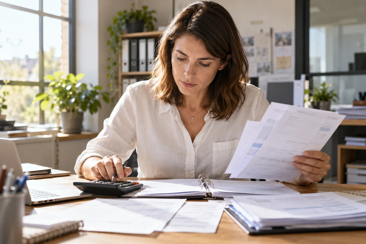 Comptable rapprochant des factures d’électricité et un registre de suivi sur son bureau.