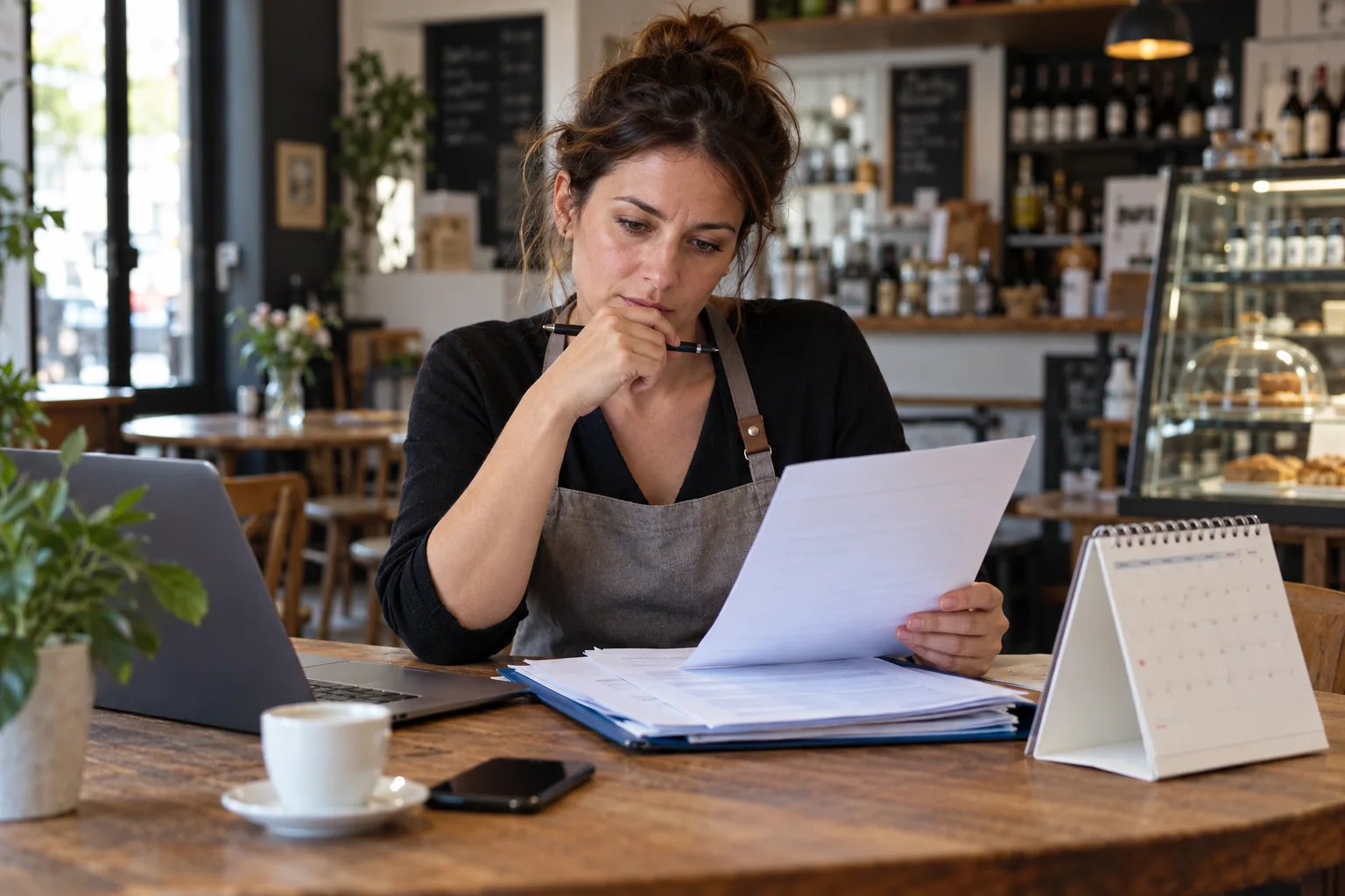 Gérante d’un commerce relisant un contrat à côté de son calendrier de travail.