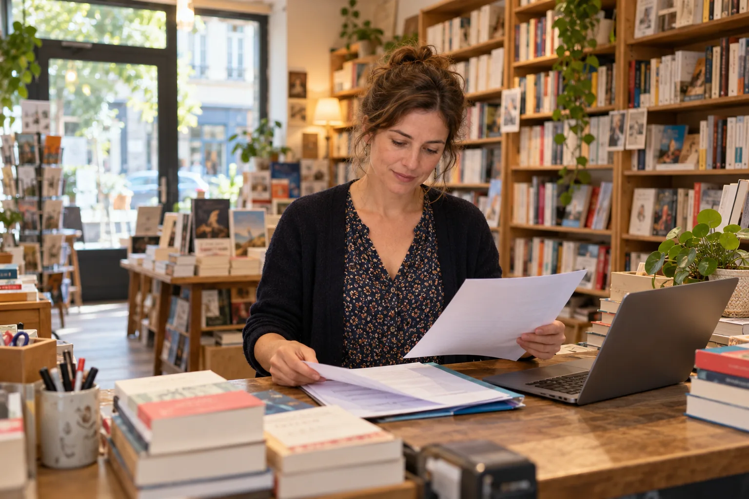 Commerçante examinant son contrat d’électricité au comptoir d’une librairie.