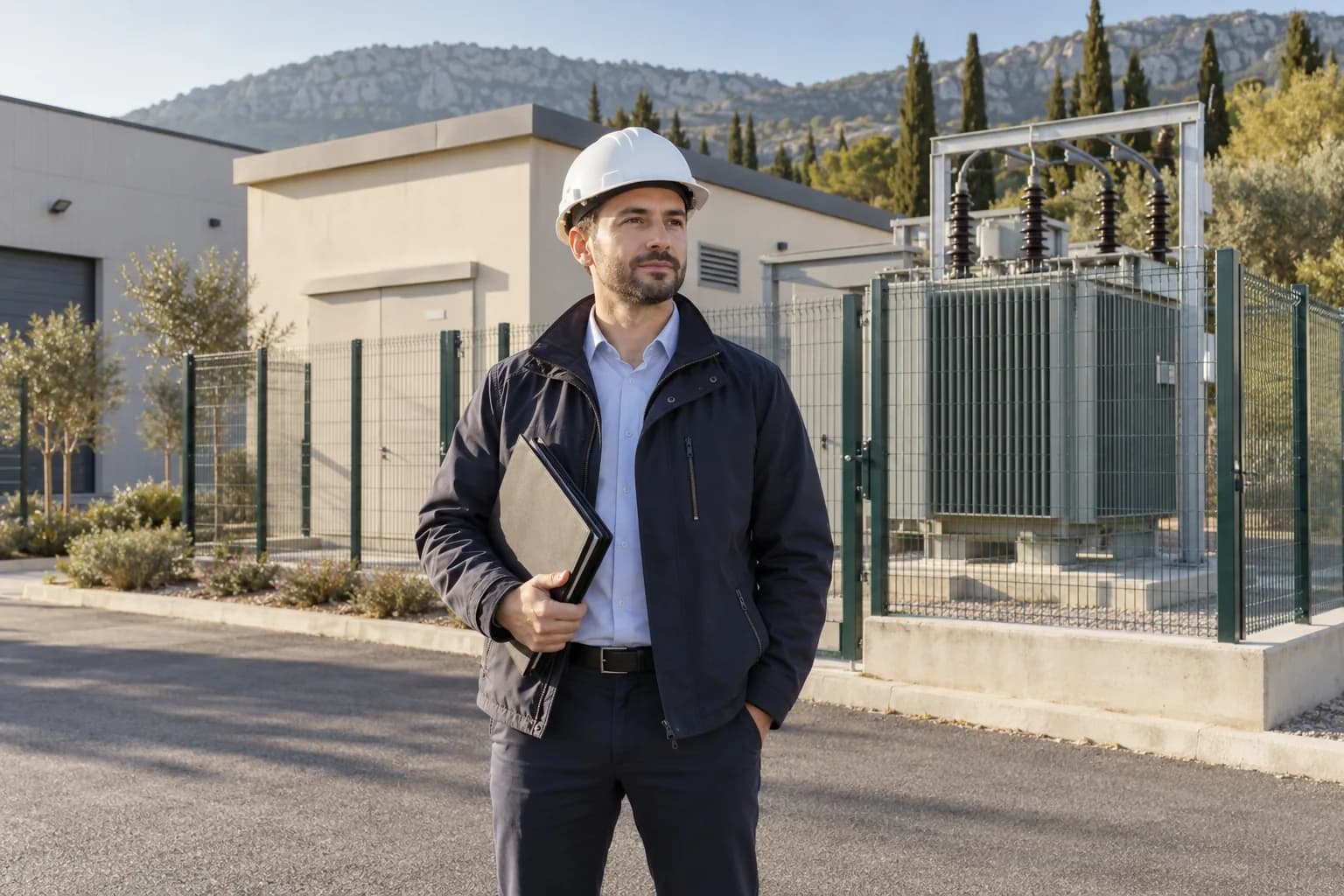 Ingénieur devant un poste électrique sécurisé à proximité d’un bâtiment industriel.
