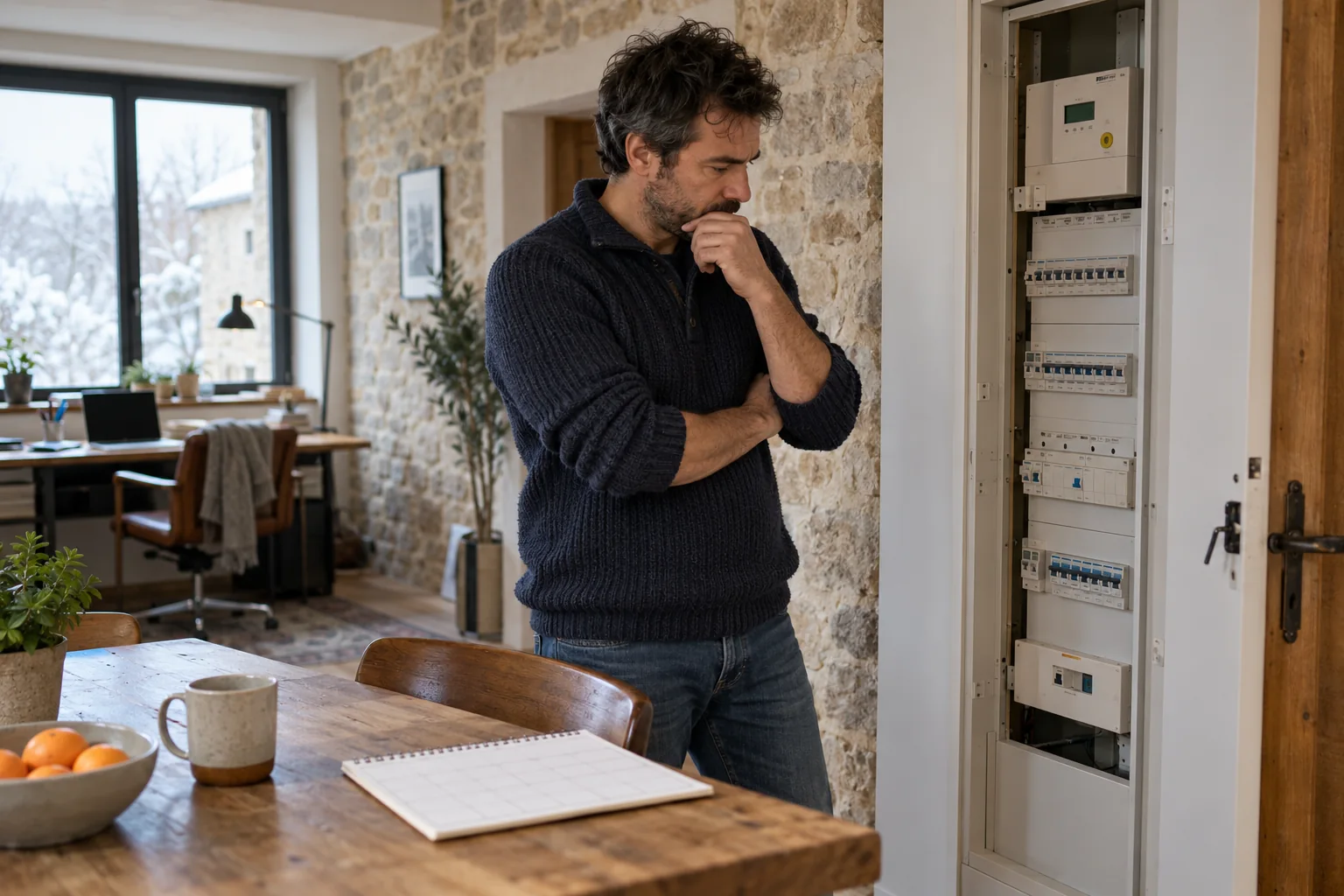 Entrepreneur consultant son installation électrique dans une maison comprenant un espace de travail.