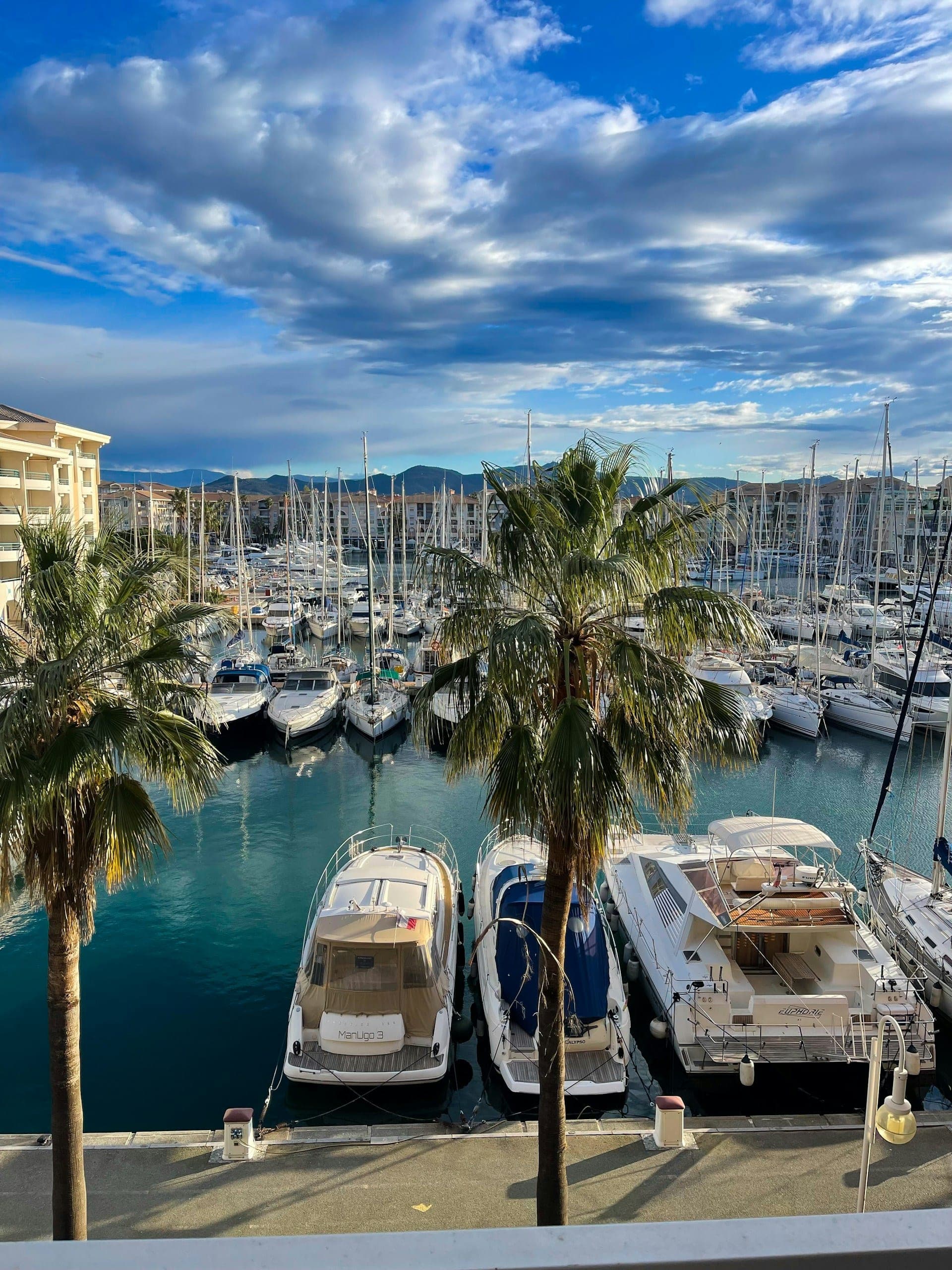 Les bateaux et les palmiers de Port-Fréjus sous un ciel bleu et nuageux.